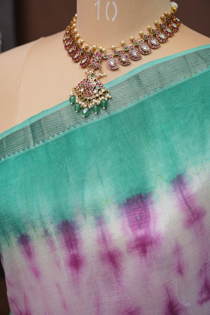 Mangalagiri Silk Shibori Tie & Dye Saree - Teal Green & Magenta