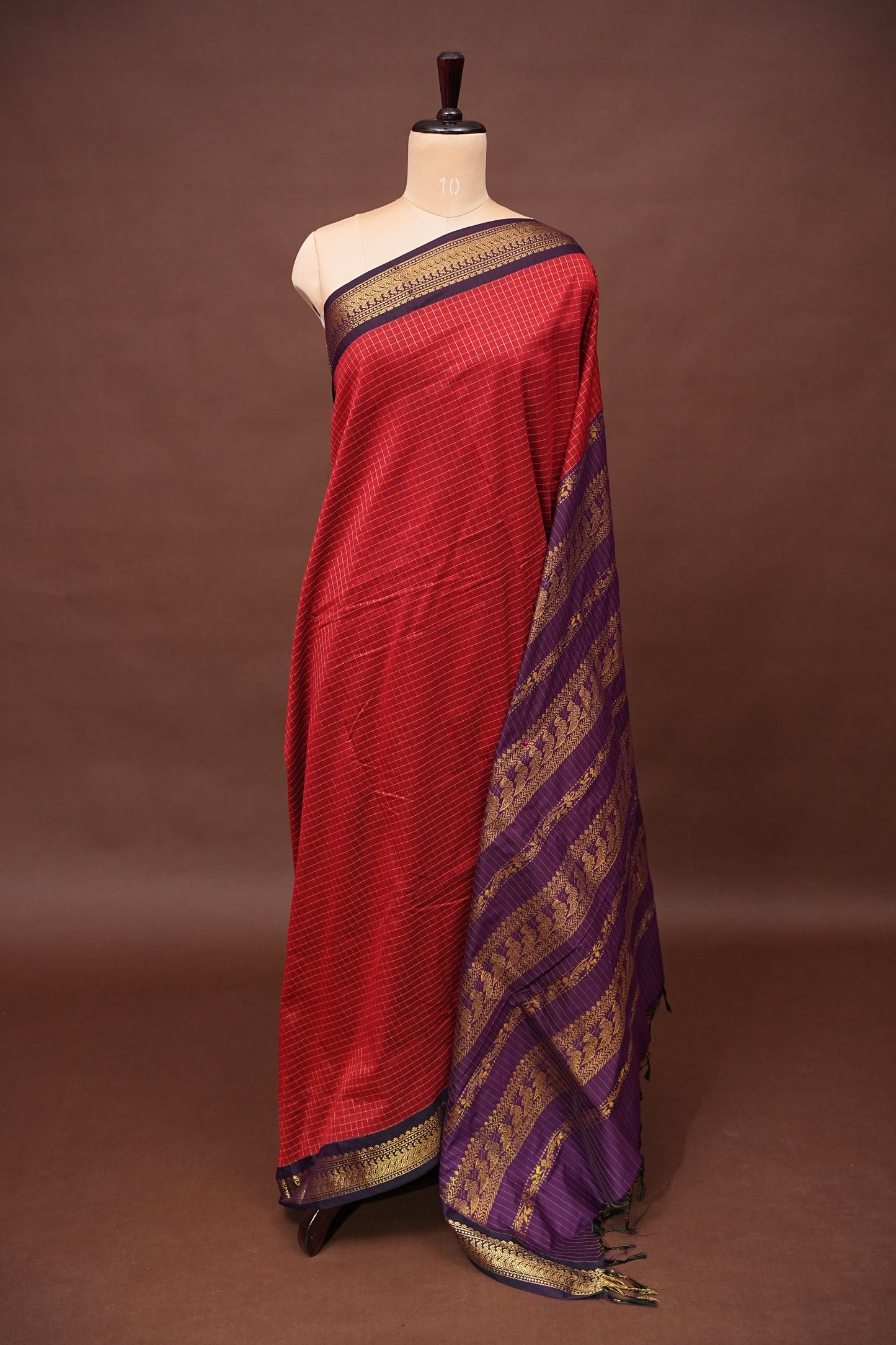 Checkered Kalyani Cotton Silk Saree - Red