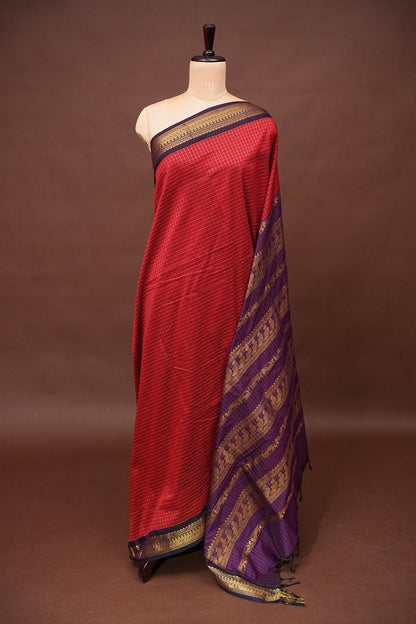 Checkered Kalyani Cotton Silk Saree - Red