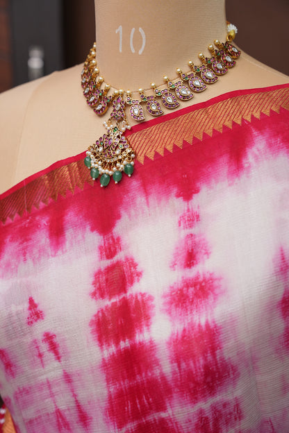 Mangalagiri Silk Shibori Tie & Dye Saree - Red & Ivory White