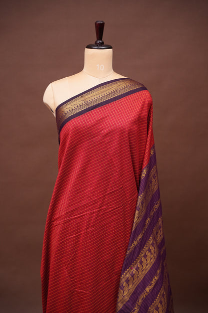 Checkered Kalyani Cotton Silk Saree - Red