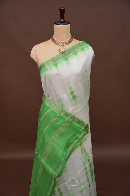 Mangalagiri Silk Shibori Tie & Dye Saree - White with Leaf Green