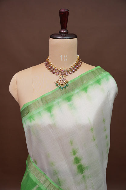 Mangalagiri Silk Shibori Tie & Dye Saree - White with Leaf Green