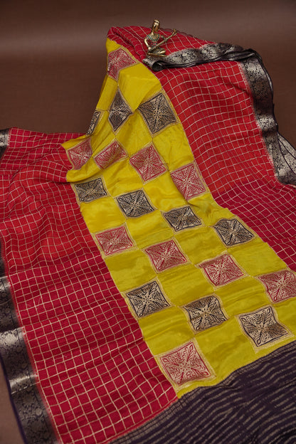 Banarasi Georgette Crepe Saree - Yellow and Red