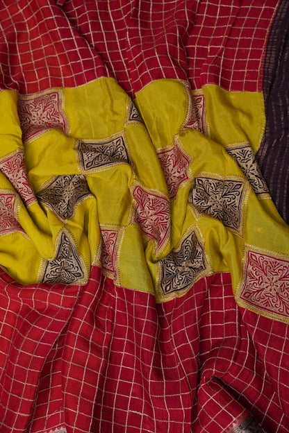 Banarasi Georgette Crepe Saree - Yellow and Red