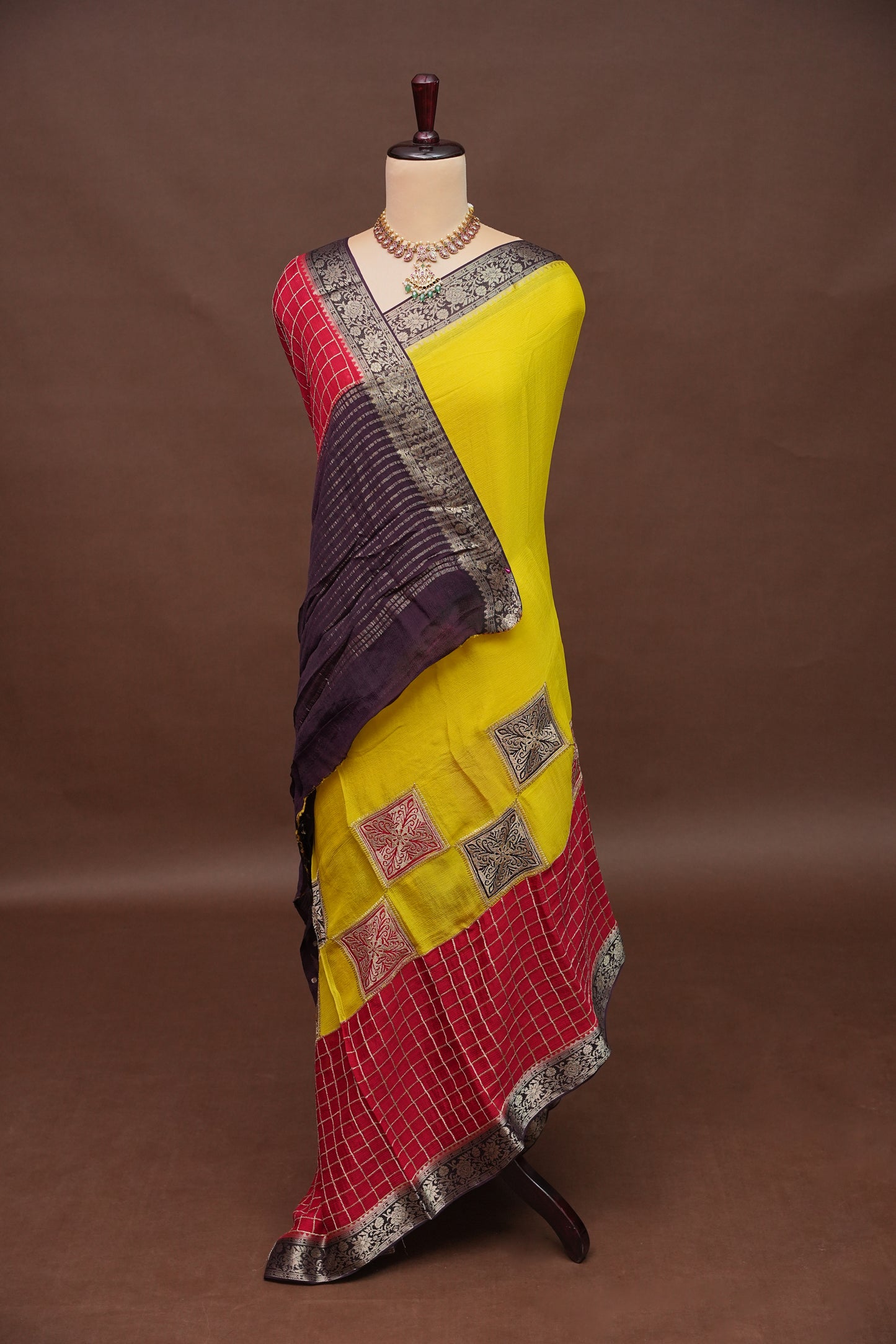 Banarasi Georgette Crepe Saree - Yellow and Red