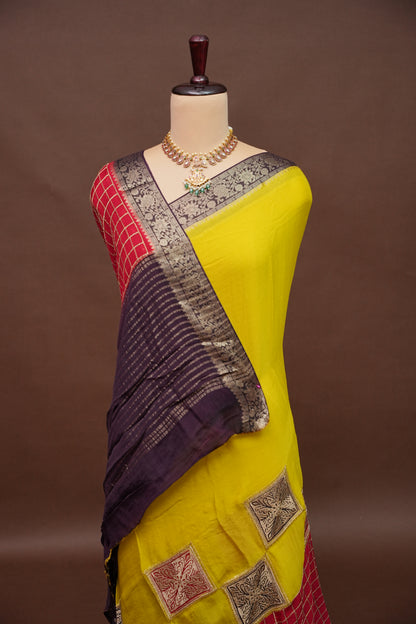 Banarasi Georgette Crepe Saree - Yellow and Red