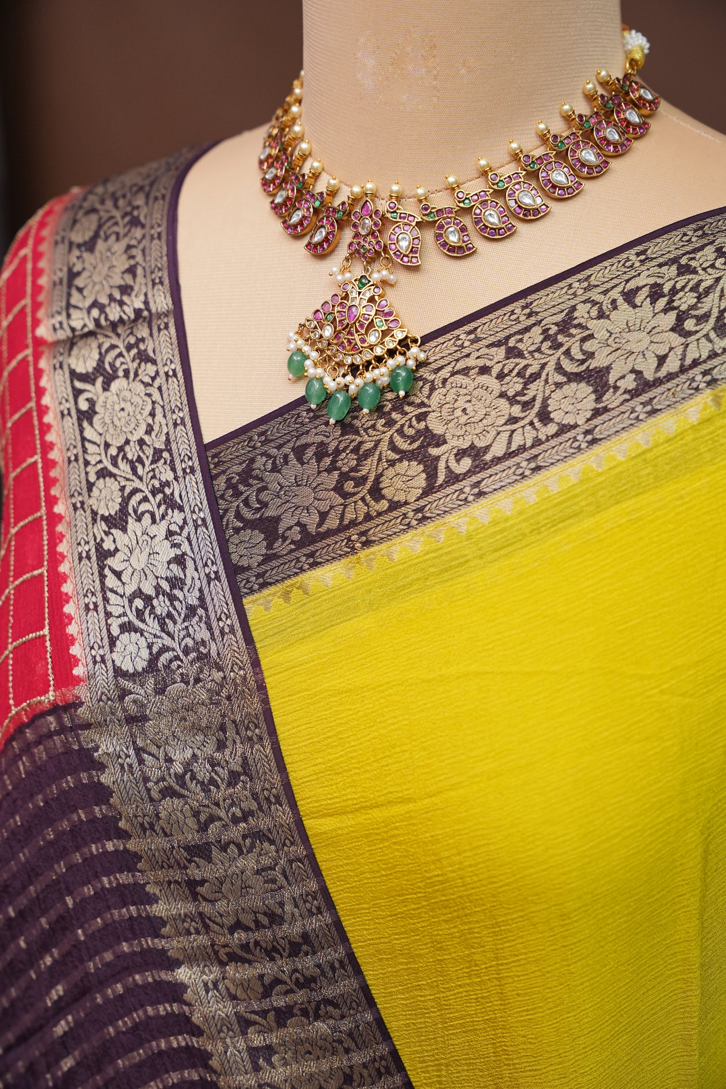 Banarasi Georgette Crepe Saree - Yellow and Red