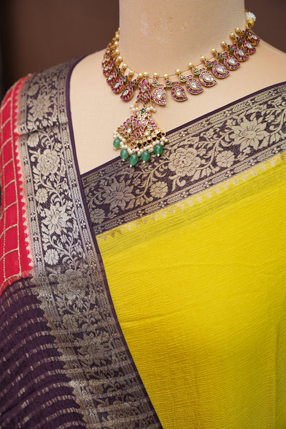 Banarasi Georgette Crepe Saree - Yellow and Red
