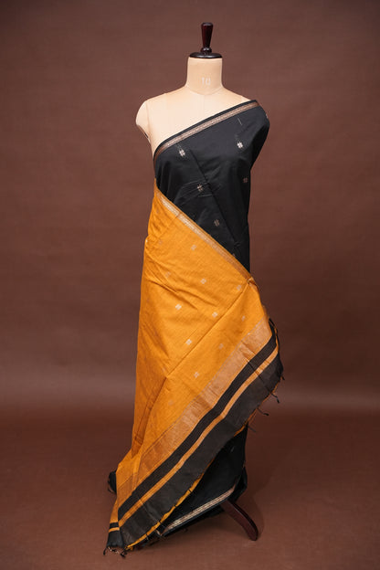 Maheshwari Silk Cotton Saree - Black & Mustard