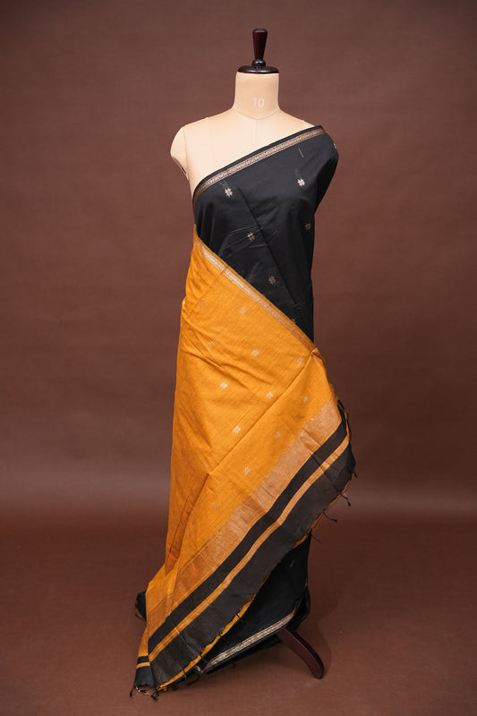 Maheshwari Silk Cotton Saree - Black & Mustard