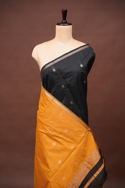 Maheshwari Silk Cotton Saree - Black & Mustard