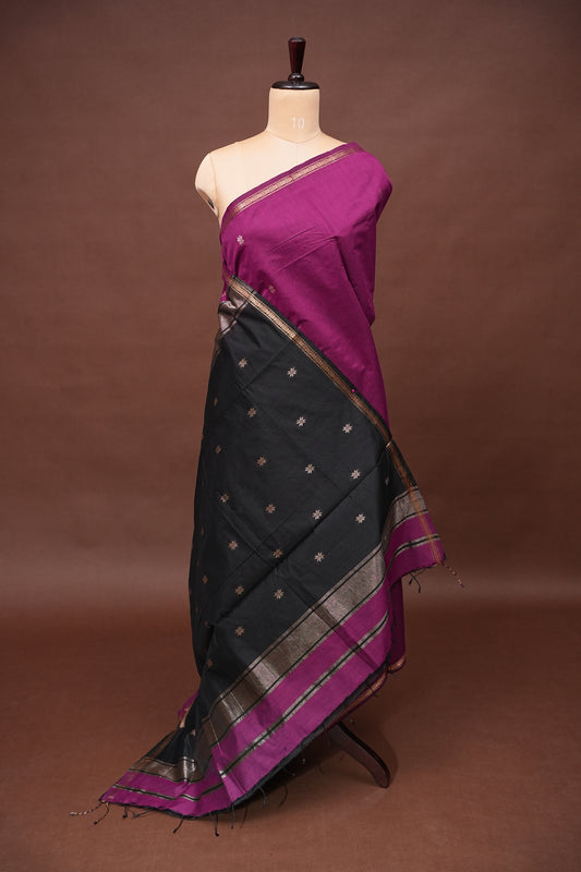 Maheshwari Silk Cotton Saree - Magenta & Black