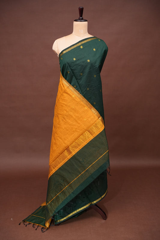 Maheshwari Silk Cotton Saree - Green and Mustard