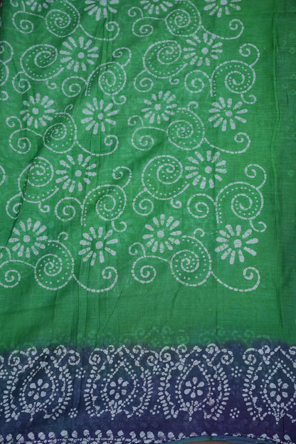 Batik Printed Mulmul Cotton Saree - Green