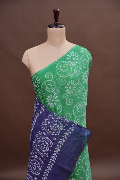 Batik Printed Mulmul Cotton Saree - Green