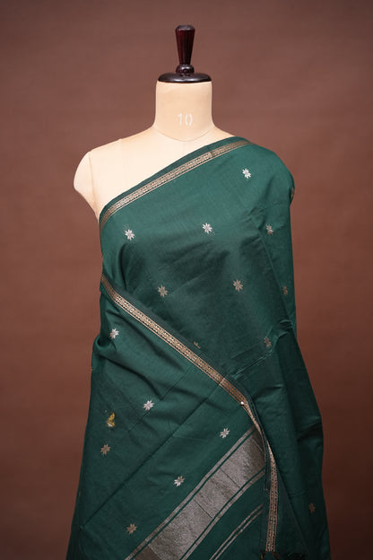 Maheshwari Silk Cotton Saree - Bottle Green