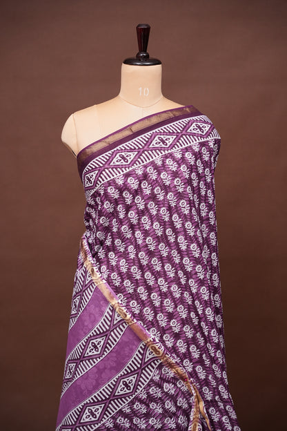 Mul Mul Cotton Ajrak Print Saree - Wine