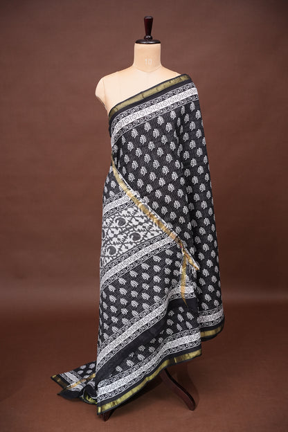 Mul Mul Cotton Ajrak Print Saree - Black