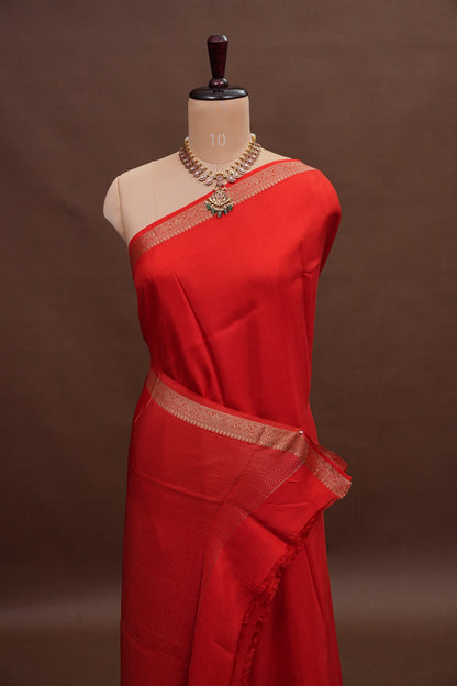 Bright Red Crepe Silk Saree with Embroidered Blouse