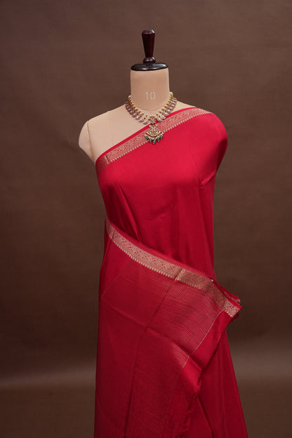 Deep Red Crepe Silk Saree with Embroidered Blouse