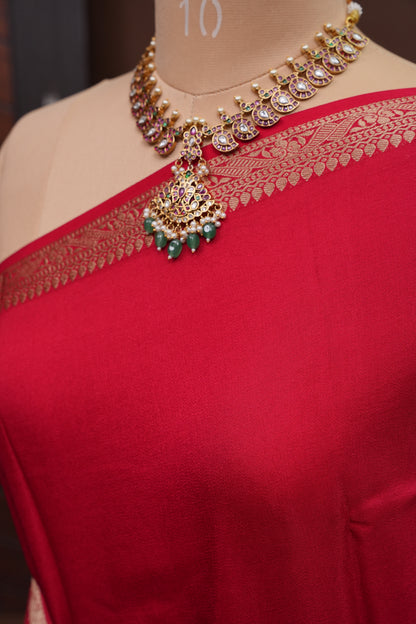 Deep Red Crepe Silk Saree with Embroidered Blouse