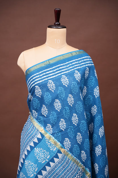 Mul Mul Cotton Ajrak Print Saree - Denim Blue