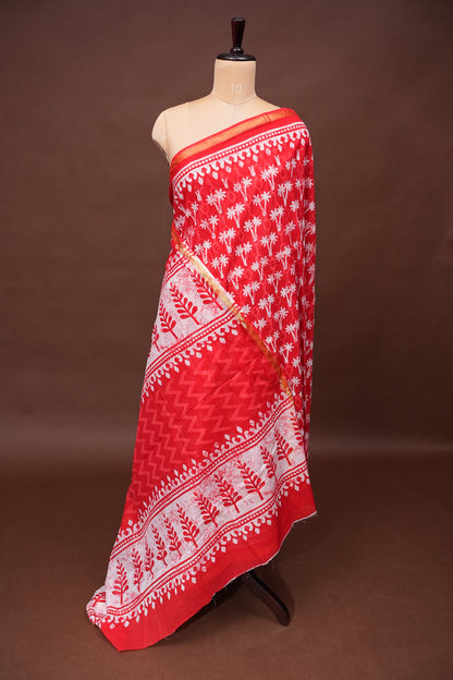 Mul Mul Cotton Ajrak Print Saree - Red