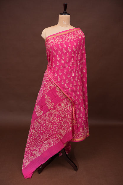 Mul Mul Cotton Ajrak Print Saree - Hot Pink
