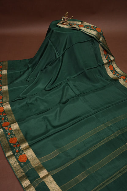 Crepe Silk Saree with Embroidered Border - Bottle Green Color