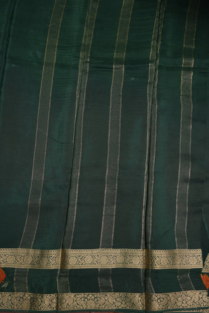 Crepe Silk Saree with Embroidered Border - Bottle Green Color