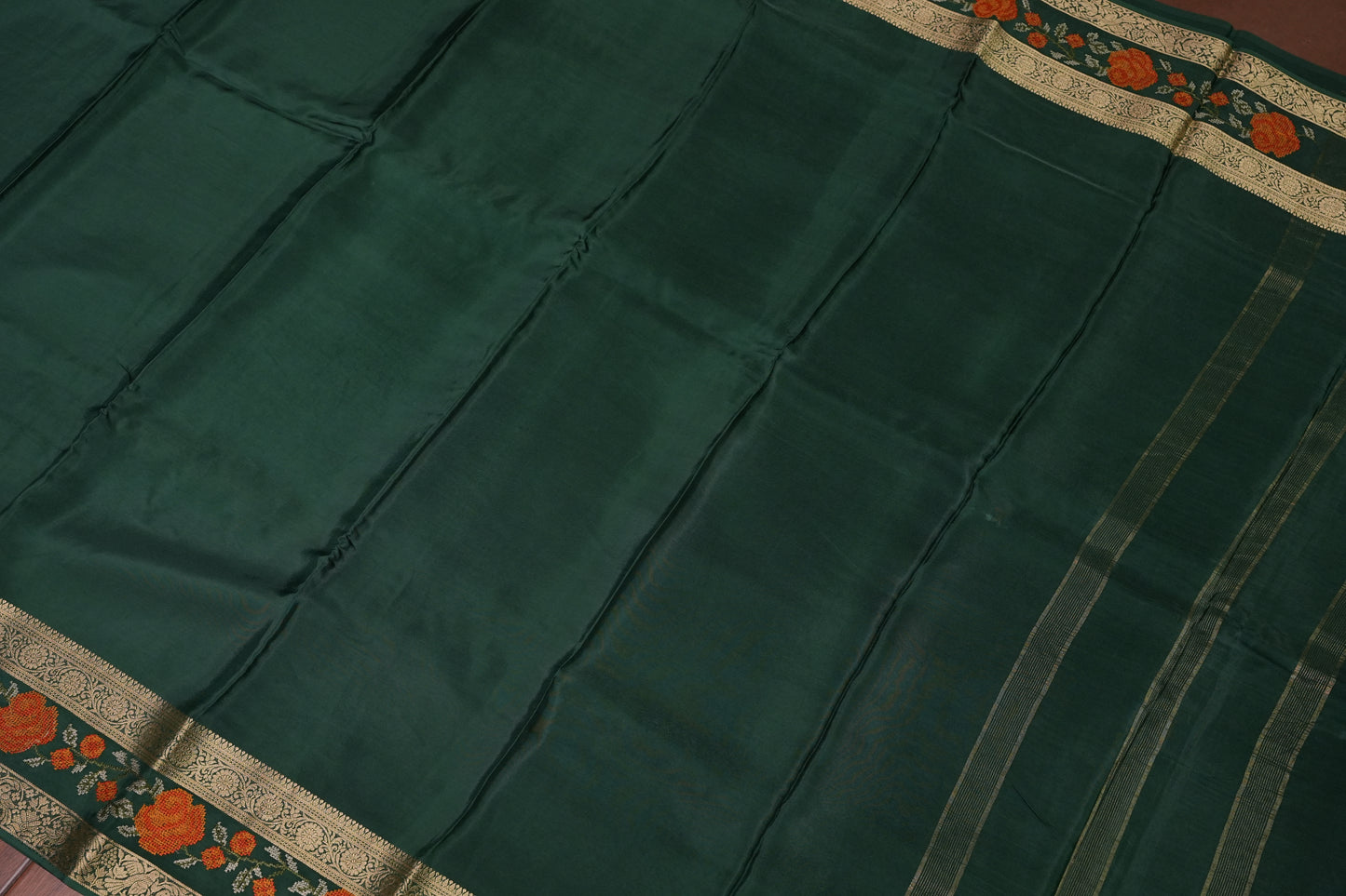 Crepe Silk Saree with Embroidered Border - Bottle Green Color