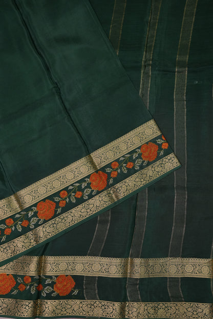 Crepe Silk Saree with Embroidered Border - Bottle Green Color