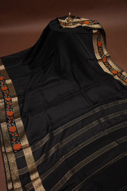 Crepe Silk Saree with Embroidered Border - Black