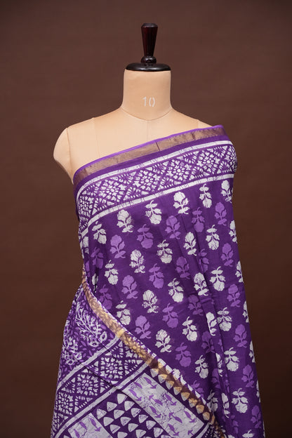 Mul Mul Cotton Ajrak Print Saree - Purple