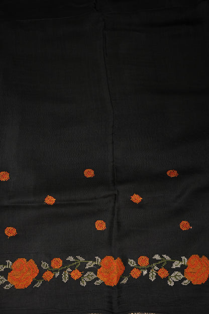 Crepe Silk Saree with Embroidered Border - Black