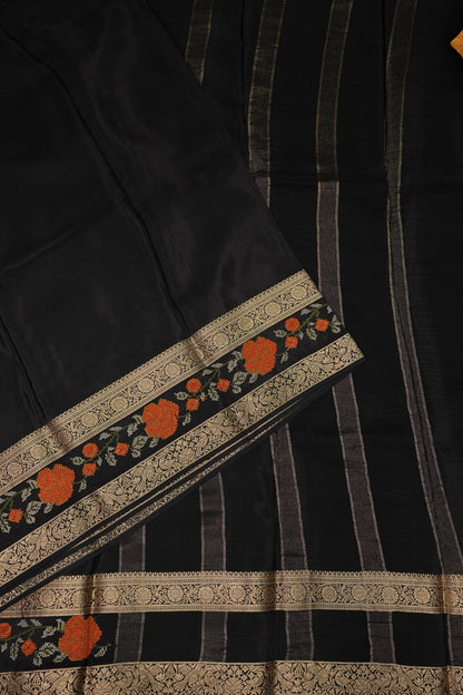 Crepe Silk Saree with Embroidered Border - Black