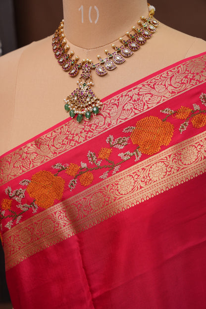 Crepe Silk Saree with Embroidered Border - Pink