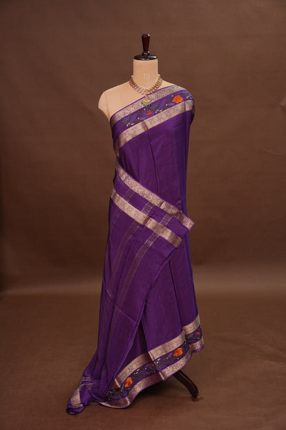 Crepe Silk Saree with Embroidered Border - Purple