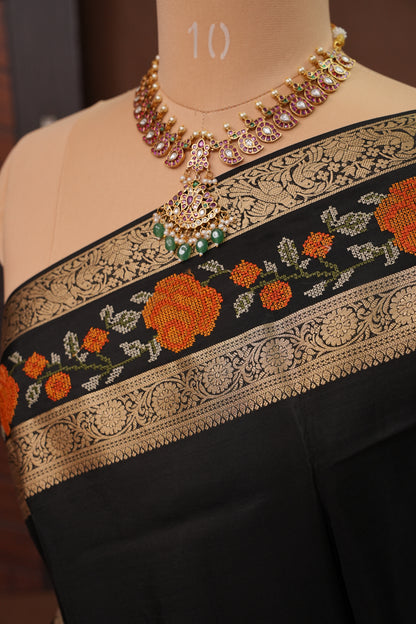 Crepe Silk Saree with Embroidered Border - Black