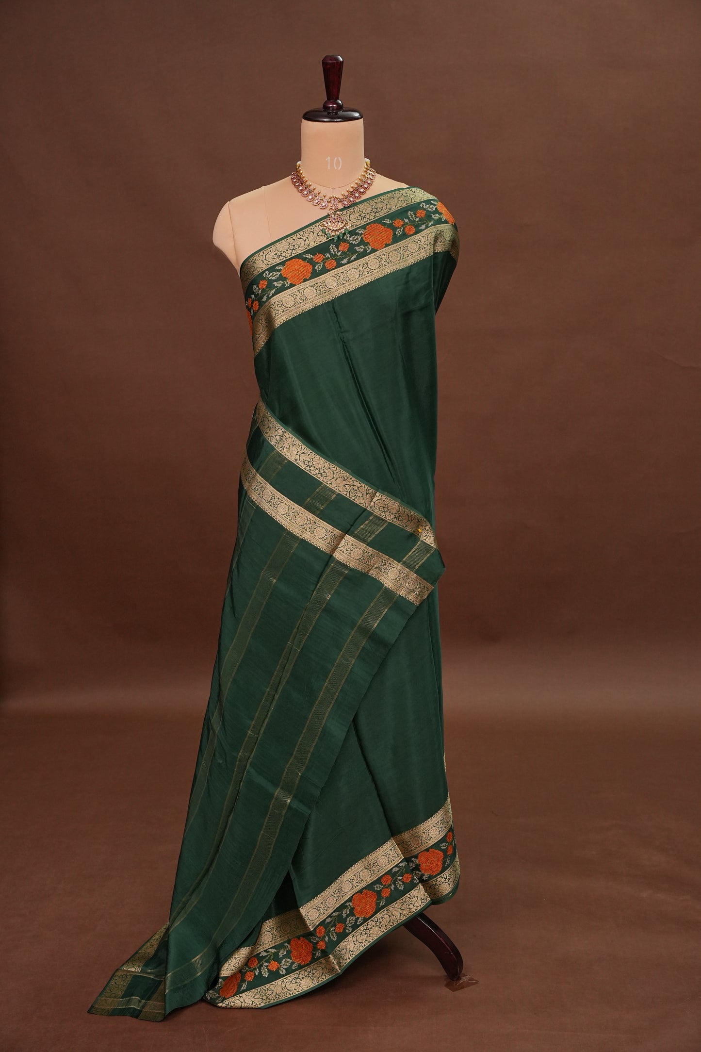 Crepe Silk Saree with Embroidered Border - Bottle Green Color