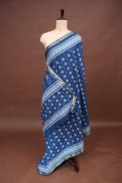 Mul Mul Cotton Ajrak Print Saree - Indigo Blue