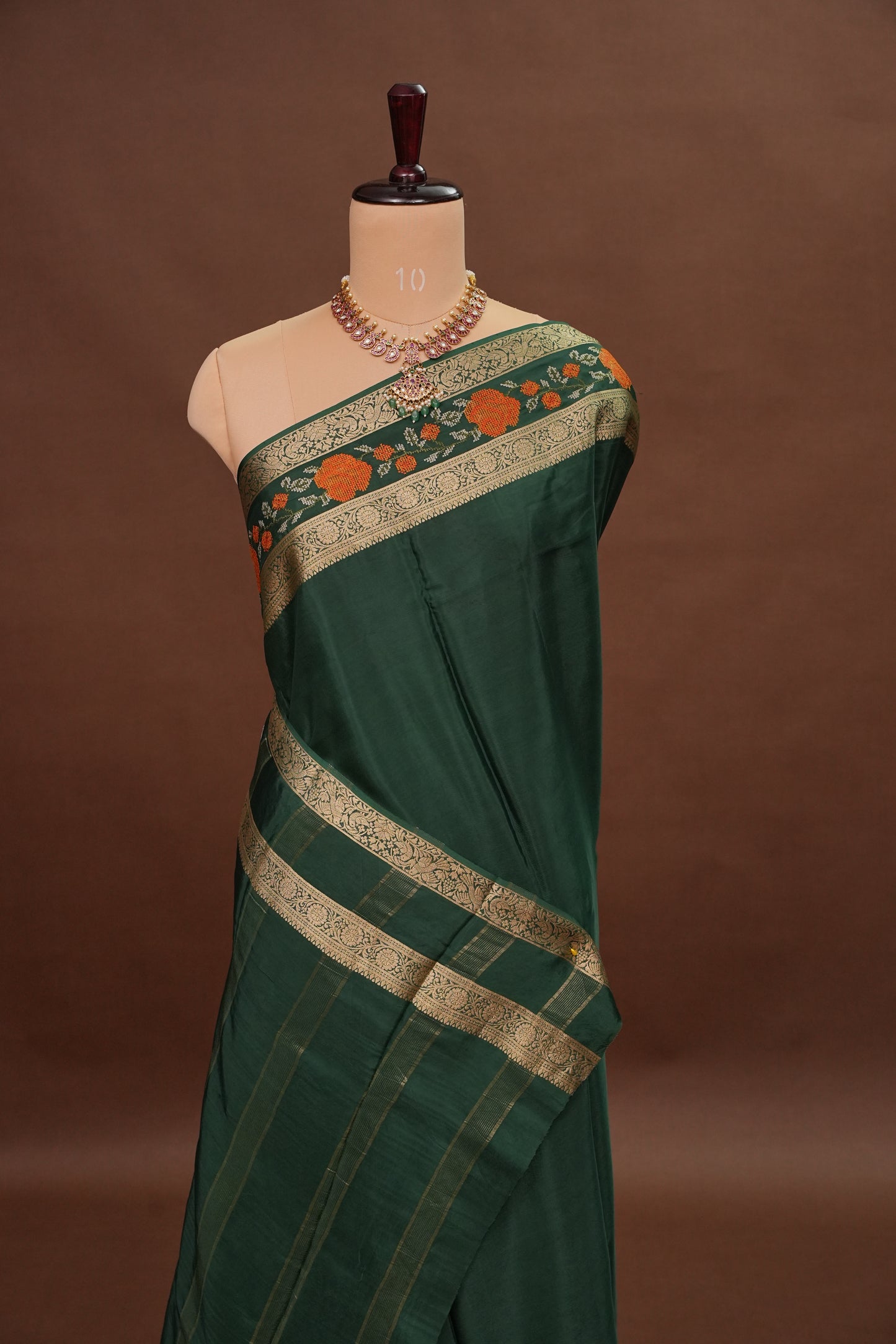 Crepe Silk Saree with Embroidered Border - Bottle Green Color