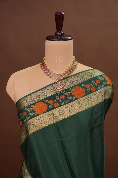Crepe Silk Saree with Embroidered Border - Bottle Green Color
