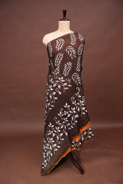 Batik Printed Mulmul Cotton Saree - Brown