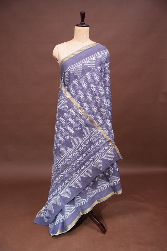 Mul Mul Cotton Ajrak Print Saree - Grey