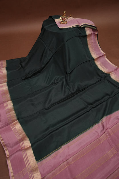 Plain Crepe Silk Saree - Bottle Green and Pink