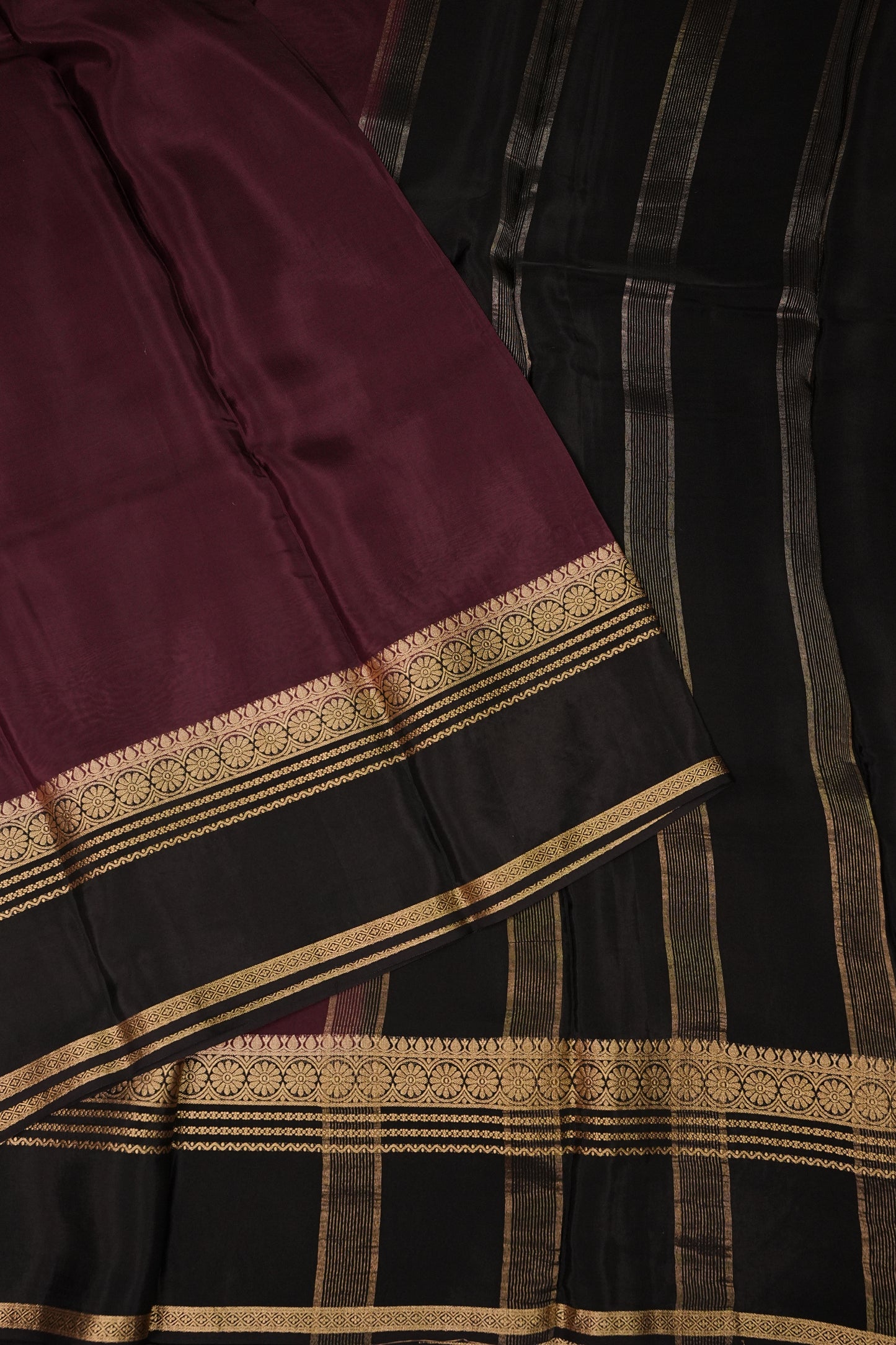 Plain Crepe Silk Saree - Plum and Black