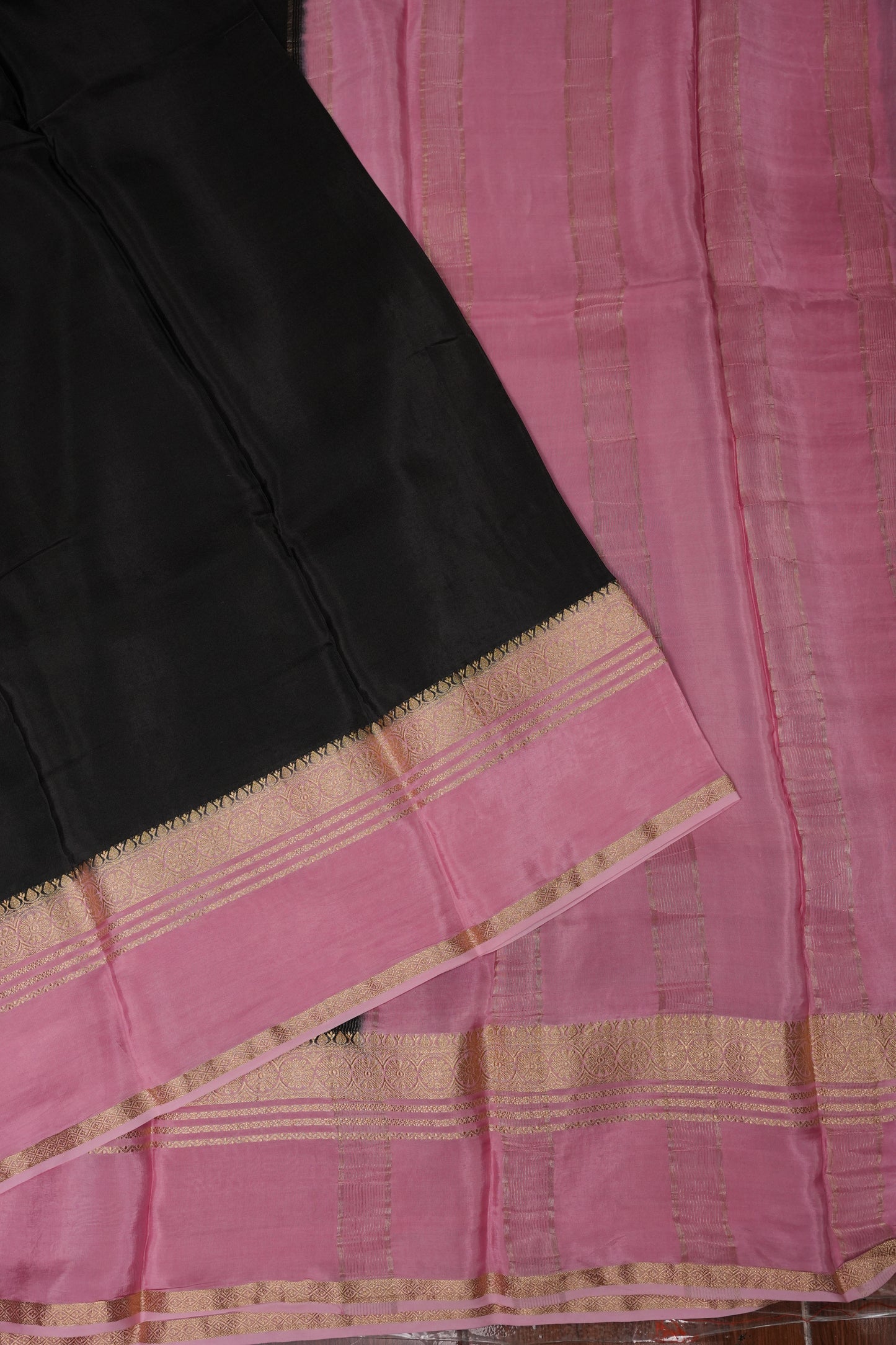 Plain Crepe Silk Saree  - Black & Pink
