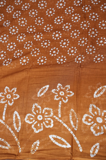 Batik Printed Mulmul Cotton Saree - Brown